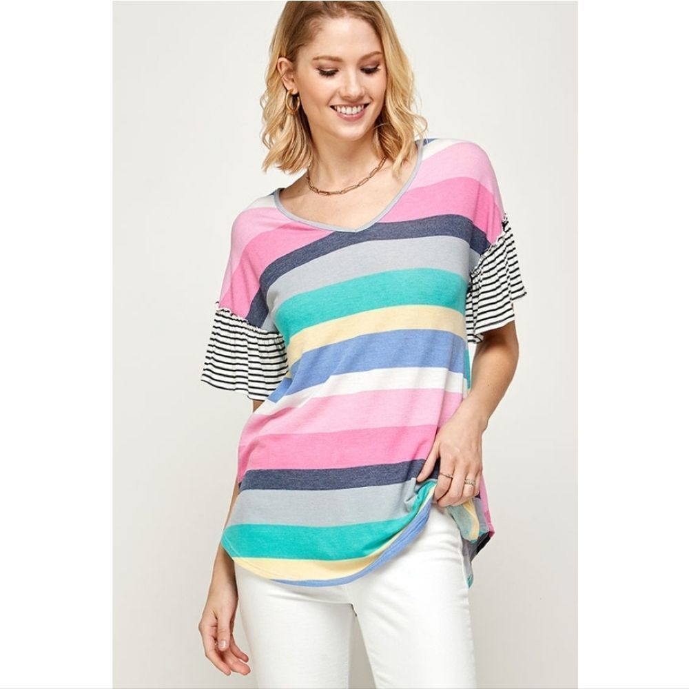 Pink Multi-Stripe Round Bottom Raffle Sleeve Top - Picture 1 of 6